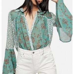 Free People Serena Print Button-up Blouse In Emerald Combo
